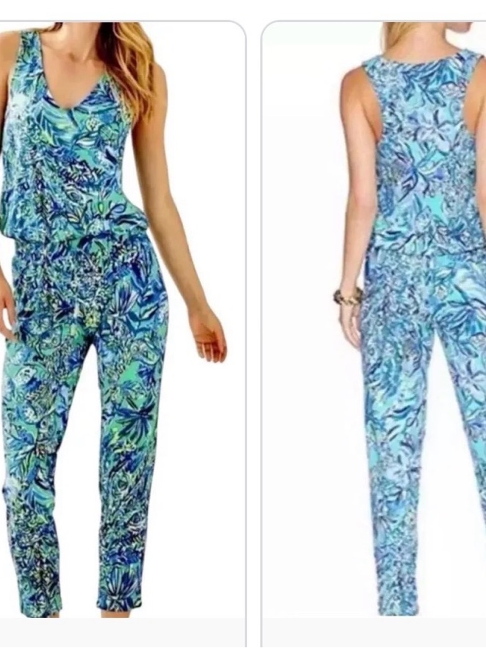 Lilly Pulitzer Blue & Green Tropical Print Jumpsuit